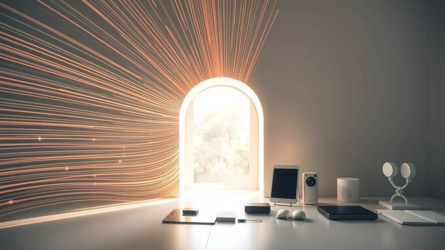 A surreal artistic rendering of a minimalist desk workspace with an illuminated arched doorway emitting bright light and radiating orange lines, with various electronic devices and objects arranged on the desk surface.