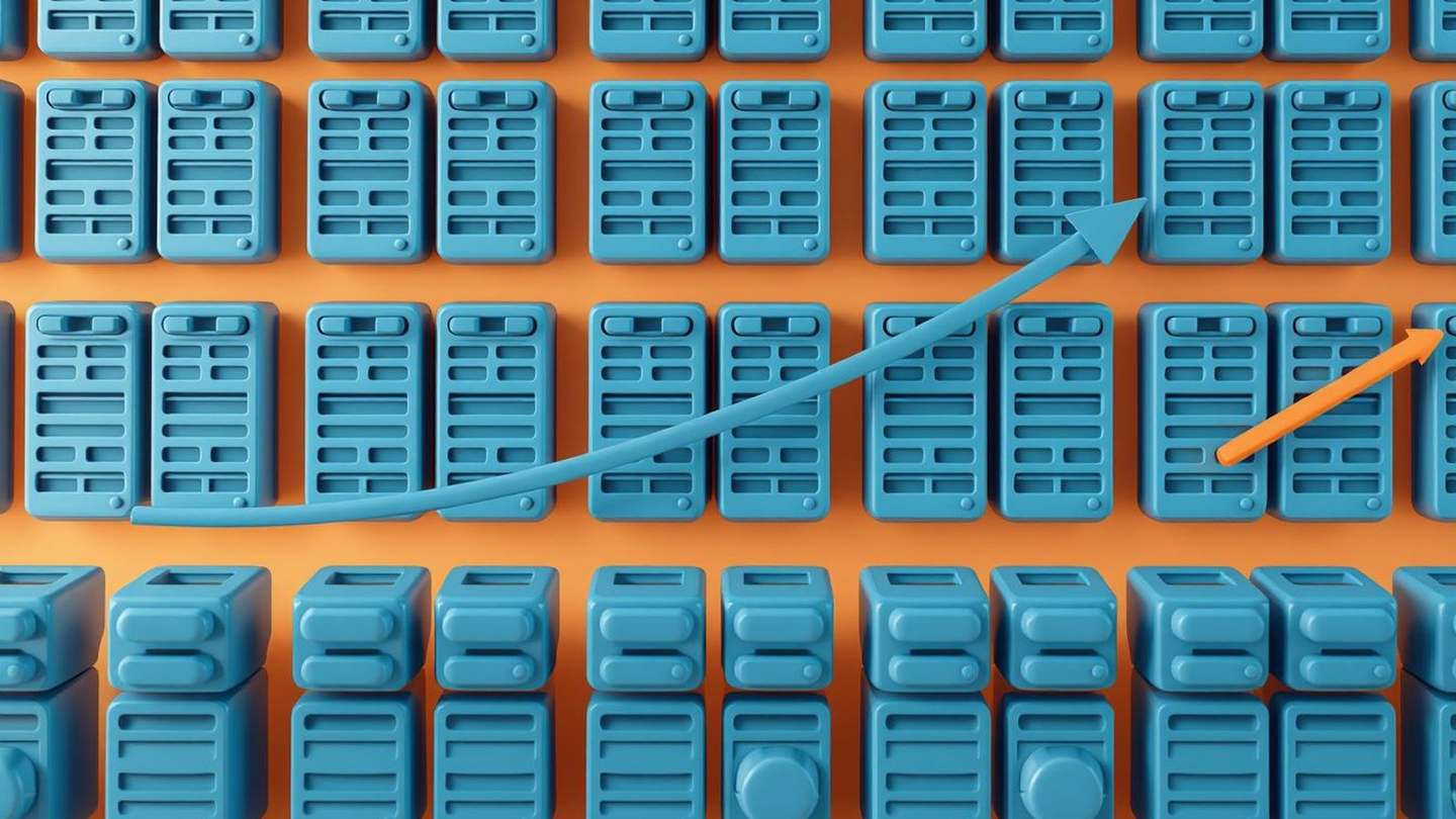 A grid of blue calculator-like devices arranged on an orange background with blue and orange arrows pointing upward through the center.