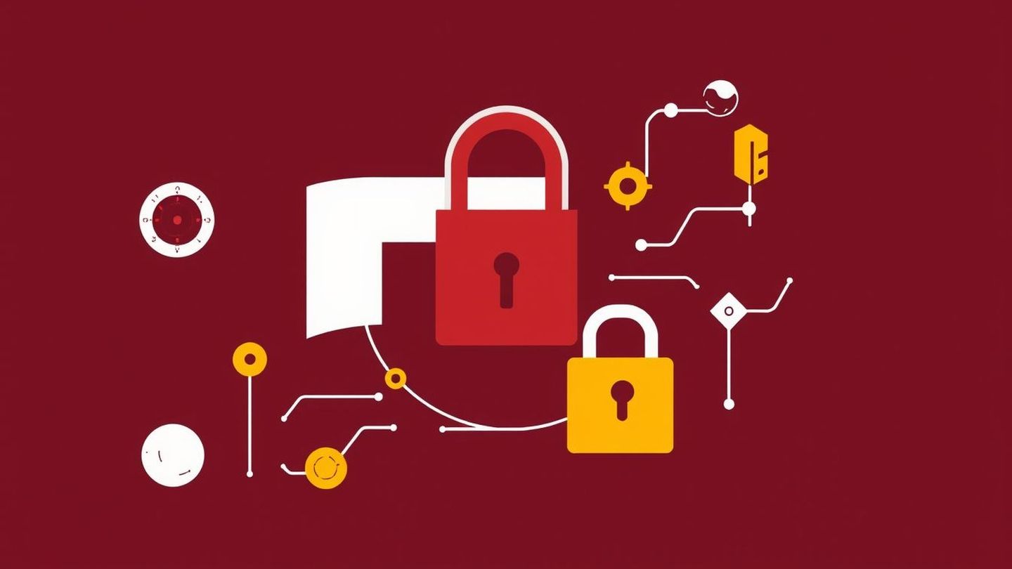 A dark red background with cybersecurity-themed icons including red and yellow padlocks, network connection lines, nodes, gears, a clock dial, a folder icon, and other tech symbols representing data protection and security concepts.