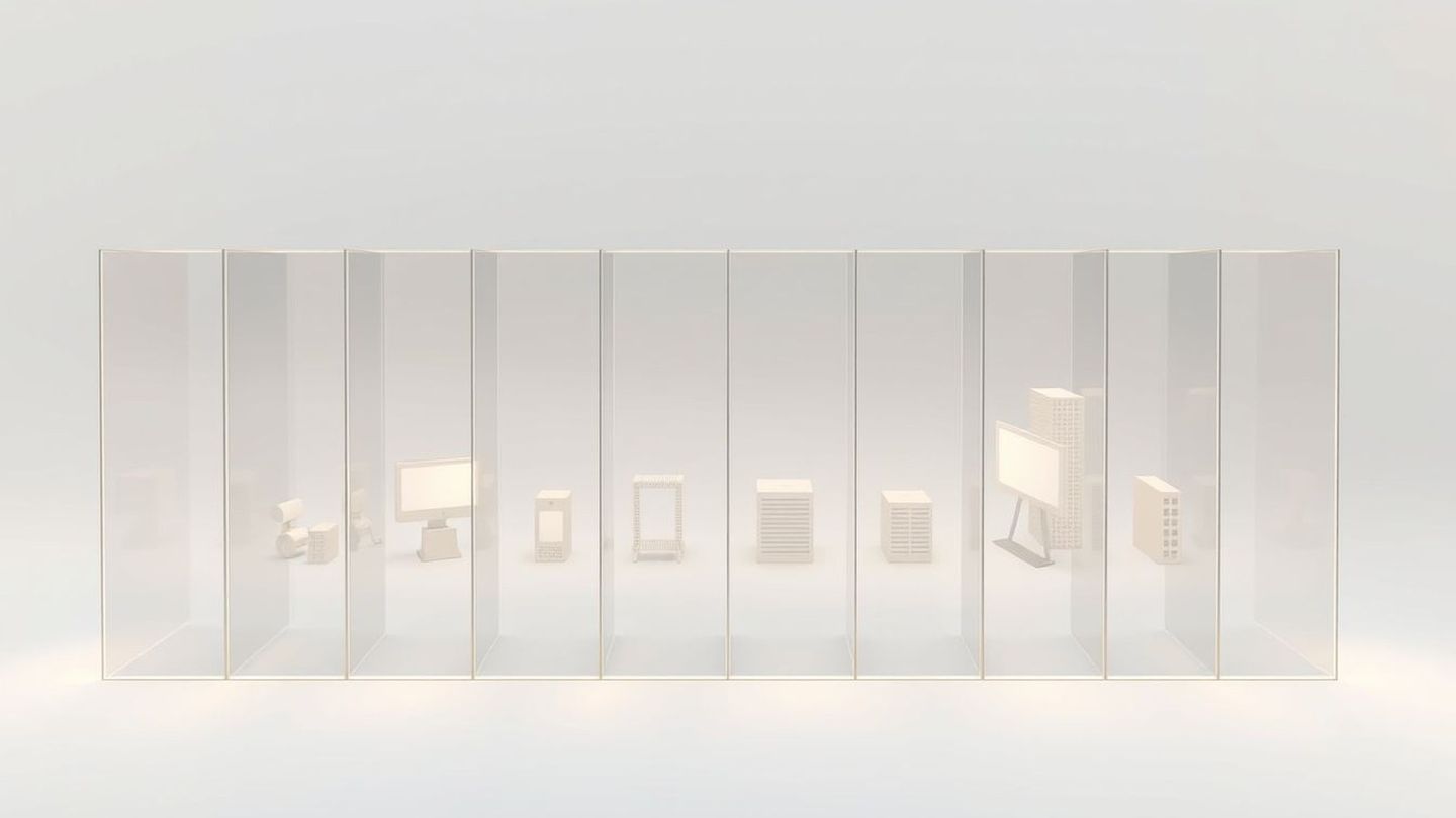 A minimalist display of pale office equipment and objects arranged in individual compartments behind glass panels.