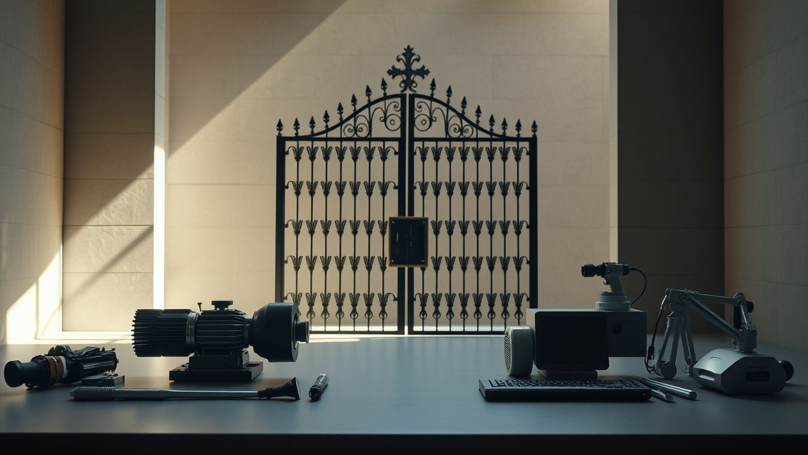 A minimalist desk setup featuring industrial equipment and optical instruments arranged on a table, with an ornate wrought-iron gate design displayed as wall art behind.