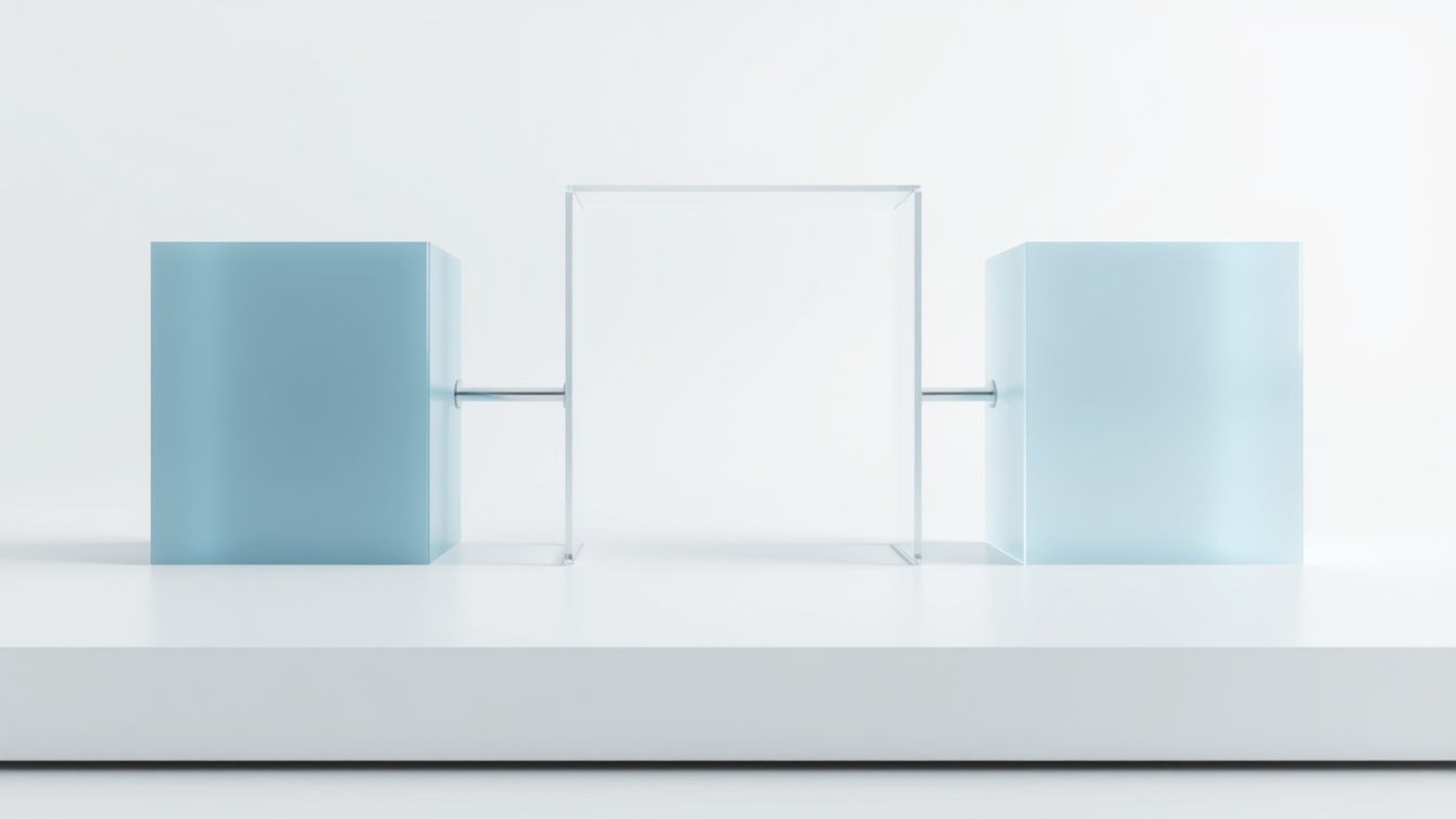 A minimalist 3D rendering showing three geometric glass or translucent blue-tinted rectangular boxes arranged on a white platform against a light gray background.